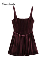 Fashion Velvet Sling Mini Dress Women Square Collar Sleeveless Backless A-line Zipper Party Dresses Elegant Lady Vestidos