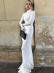 Elegant Fashion Turtleneck Long Dress Female High Waist Long Sleeve Slim Autumn New Solid Dress Women’s Party Dress