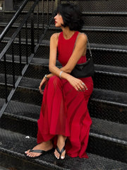 Sexy Knit Patchwork Maxi Dress Female Sleeveless See-Through High Waist Fashion Elegant Party Dress Women’s Knitwear Dress