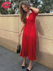 V-Neck Knit Contrast Long Dress Women Hollow Out Lapel Fashion High Waist Elegant Party Dress Knitwear Ladies Maxi Dress