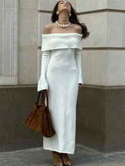 White Autumn Knit Sweater Long Dress Women Ribbed High Waist Fashion Off-Shoulder Loose Party Dress Female Knitwear Dress