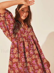 Casual Loose Floral Print Spring/Summer Women's 2024 New Lantern Sleeves Lace-up V-neck Mini Dress