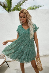 Elegant Leopard Print Floral Prints Summer Women 2024 New Loose V-Neck Ruffled Short Sleeved Mini Dress