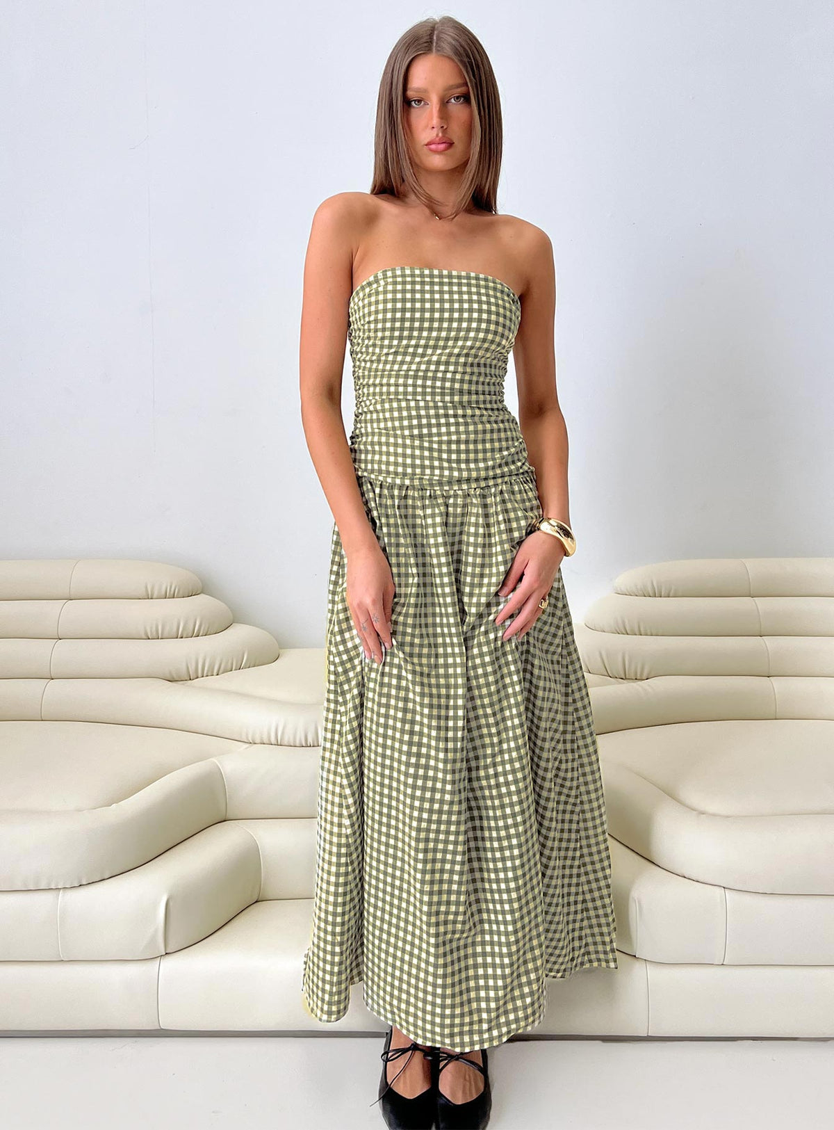 Frankey Strapless Drop Waist Maxi Dress Green Check