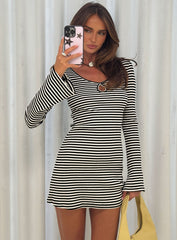 Lost Focus Long Sleeve Keyhole Mini Dress Black Stripe