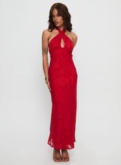 Ending Credits Halter Twist Maxi Dress Red Burnout
