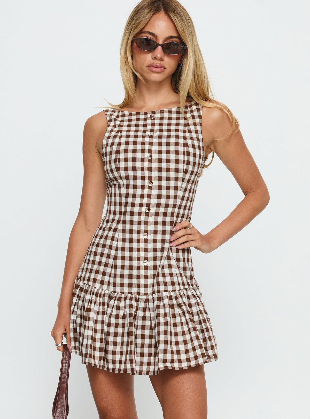 Kolbie Boat Neck Frill Mini Dress Brown Gingham