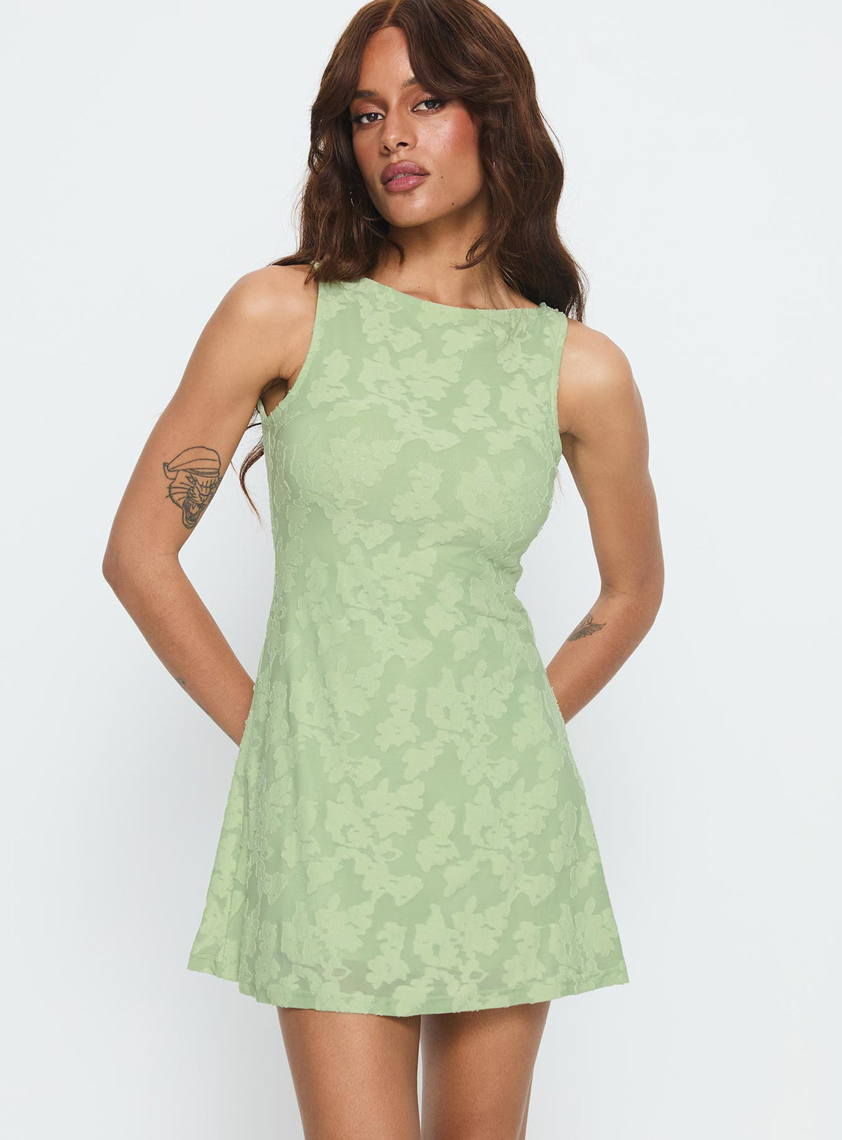 Charming Life Boat Neck Mini Dress Green Floral