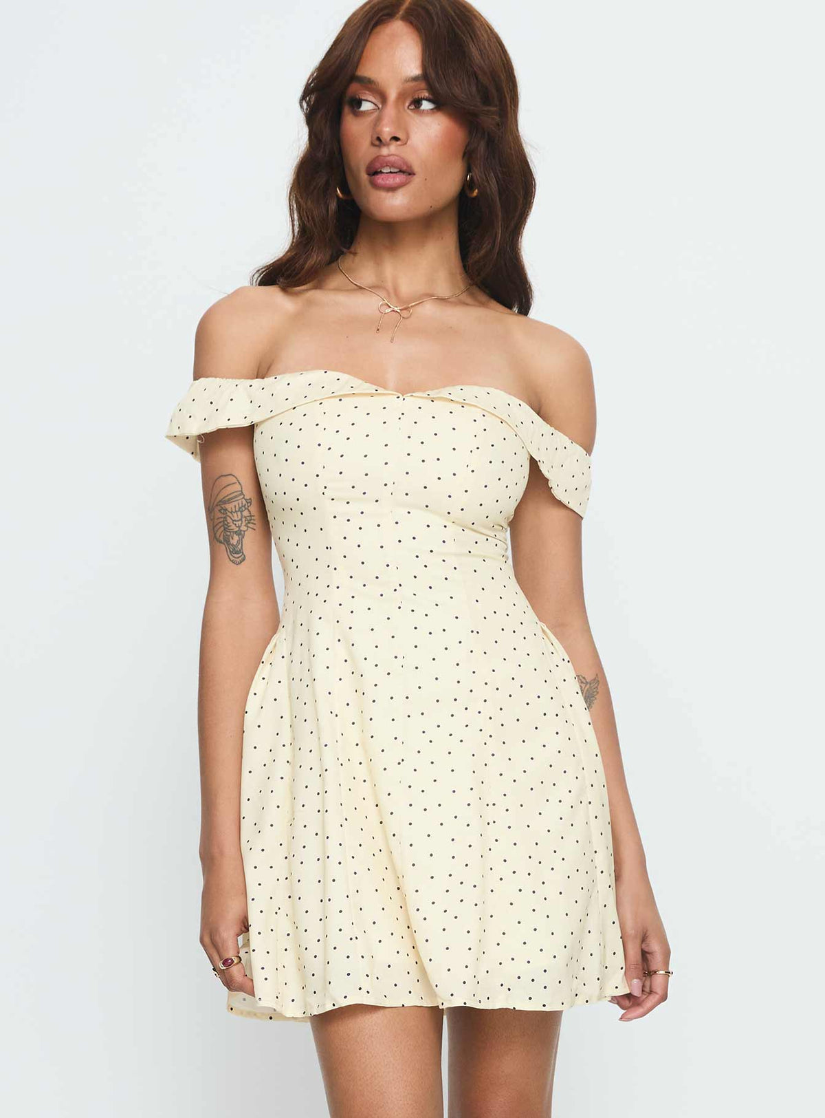 Rosebud Off The Shoulder Mini Dress Yellow / Polka Dot