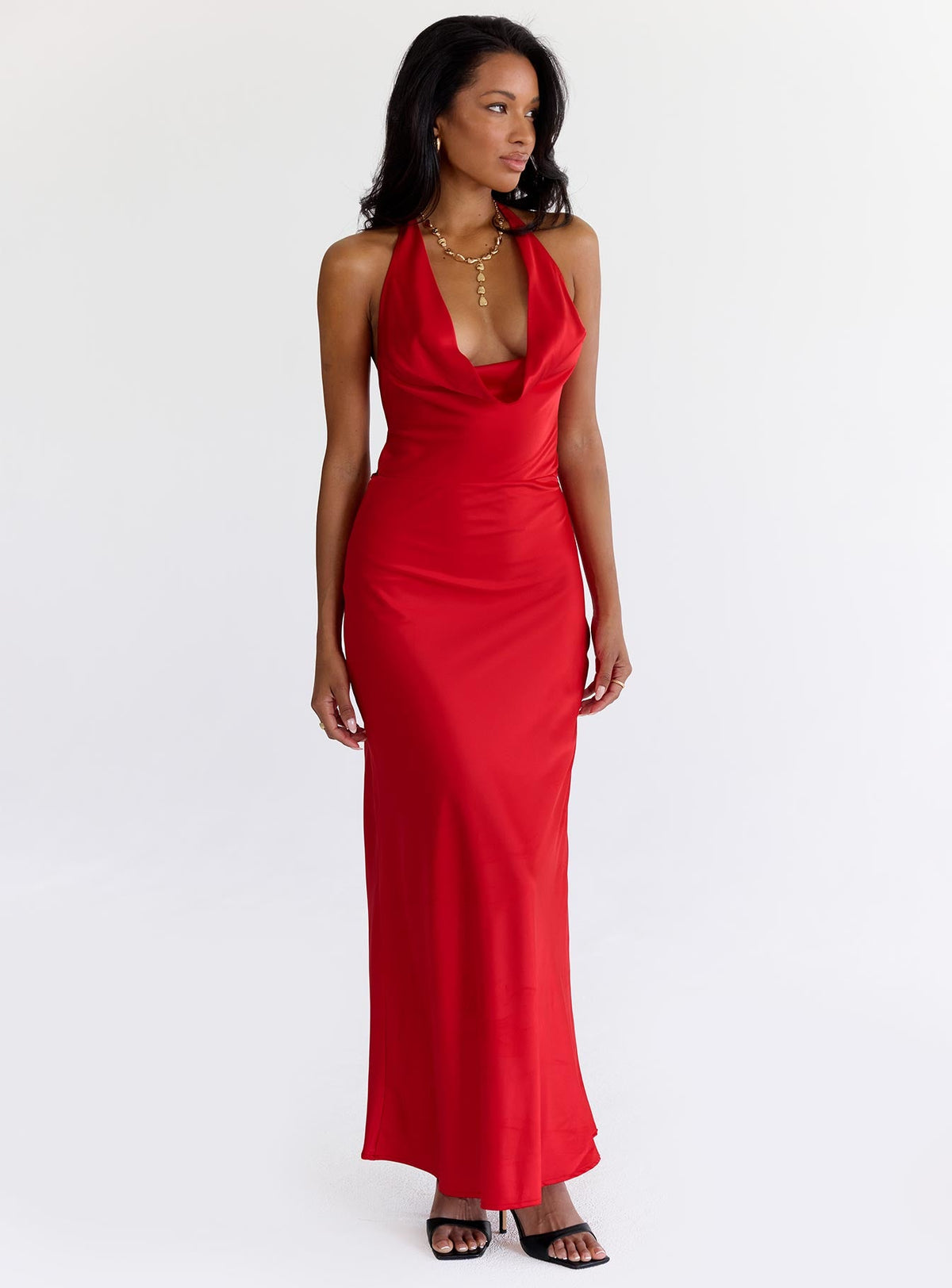 Iridescent Plunge Maxi Dress Red