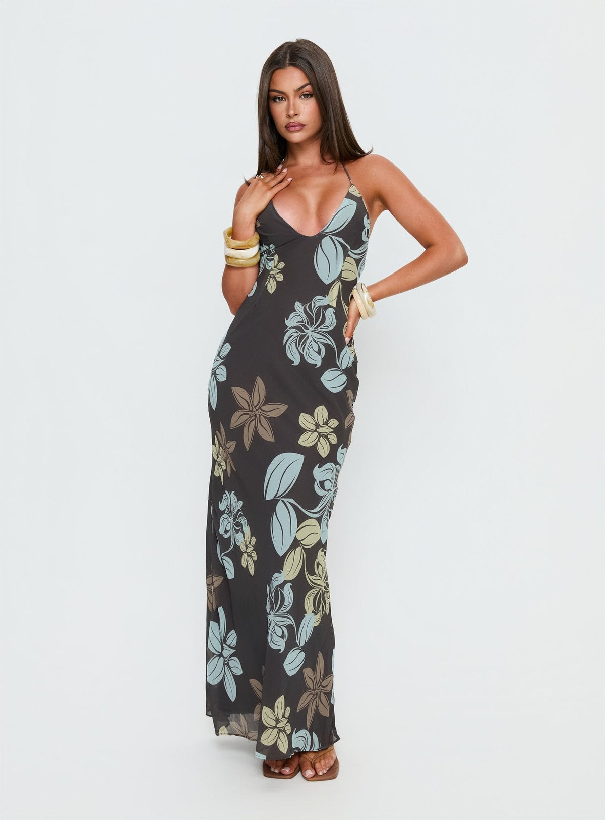 Esmira Halter Maxi Dress Chocolate / Blue Floral