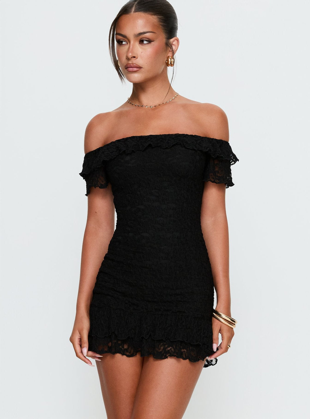 Bonnee Off Shoulder Lace Mini Dress Black