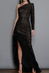 Sexy Prom Irregular Mesh Feather Hemline Sloping Shoulder Evening Dresses