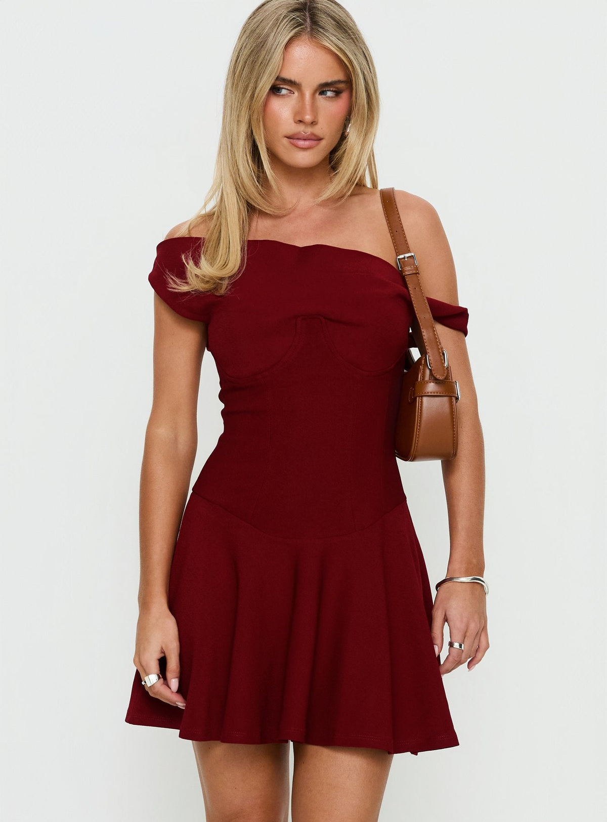 Delcina Off Shoulder Corset Mini Dress Burgundy
