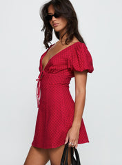 Beloved Puff Sleeve Linen Blend Mini Dress Red Polka