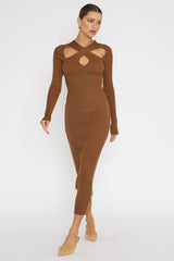 One Mind Cut-Out Neckline Knit Midi Dress Chocolate