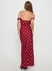 End Credits Off Shoulder Pleat Maxi Dress Red / Polka Dot