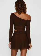Fade To Black Off Shoulder Long Sleeve Mini Dress Chocolate
