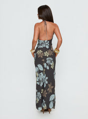 Esmira Halter Maxi Dress Chocolate / Blue Floral