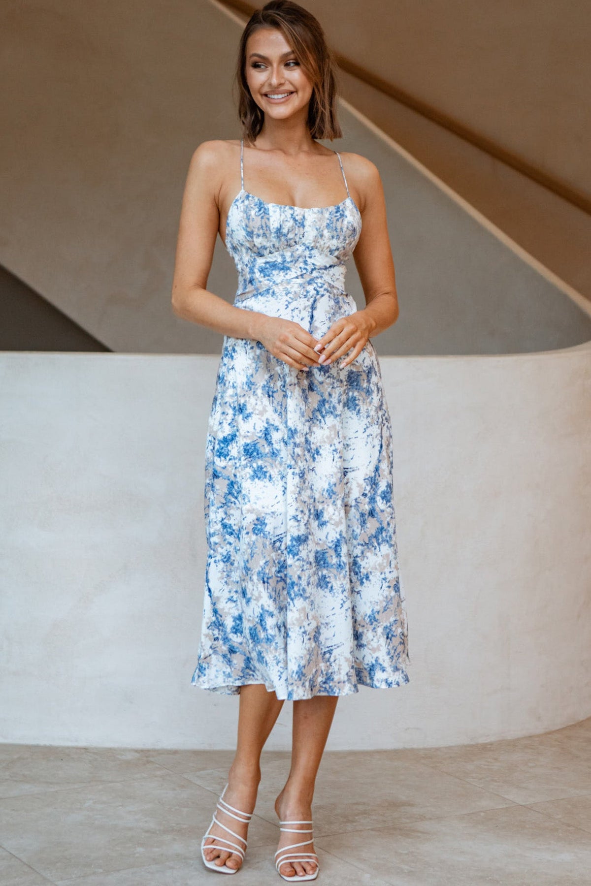 Linka Cami Strap Midi Dress Marble Print Blue