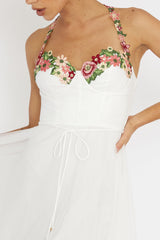 Smitten Sweetheart Neckline Floral Trim Dress White