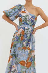 Jayni Puffed One Shoulder Midi Dress Blue