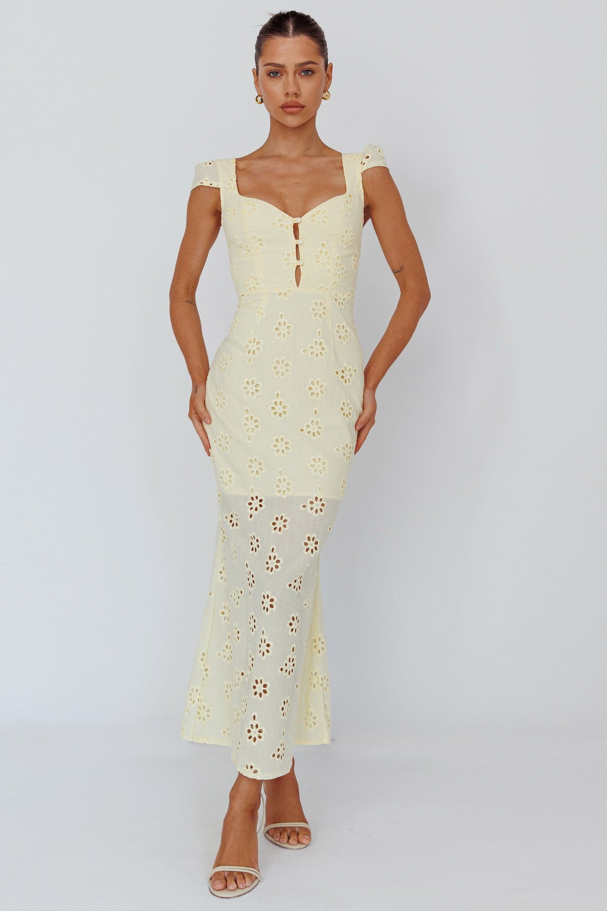 Bohemian Sun Cap Sleeve Eyelet Midi Dress Yellow