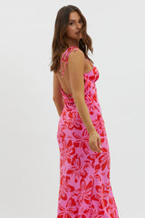 Luau Tied Shoulder Print Dress Pink