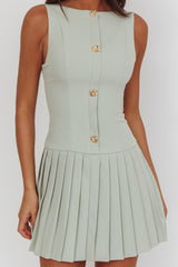 Opulent Pleat Skirt Button Mini Dress Sage