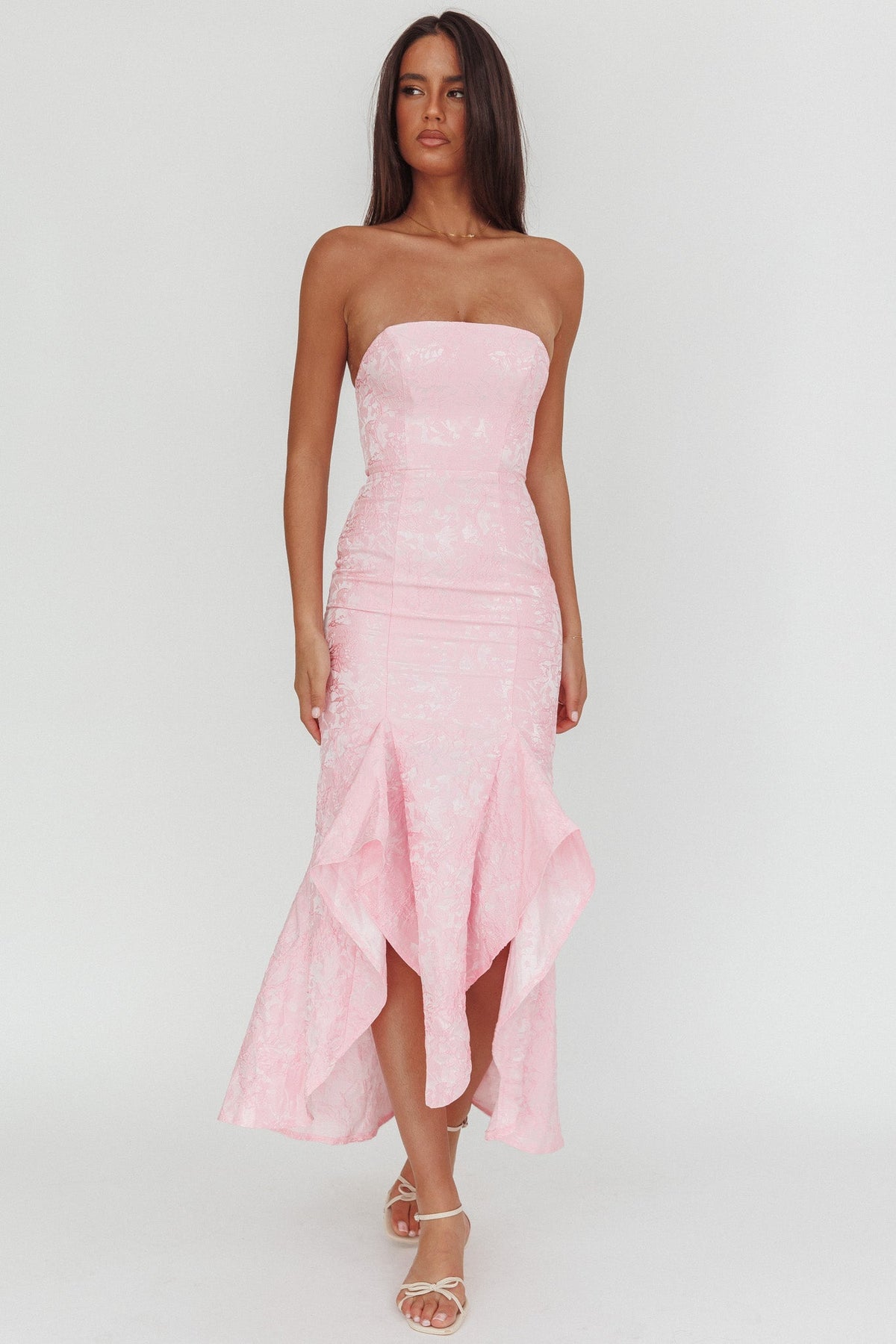Corin Strapless High-Low Hem Maxi Dress Jacquard Pink