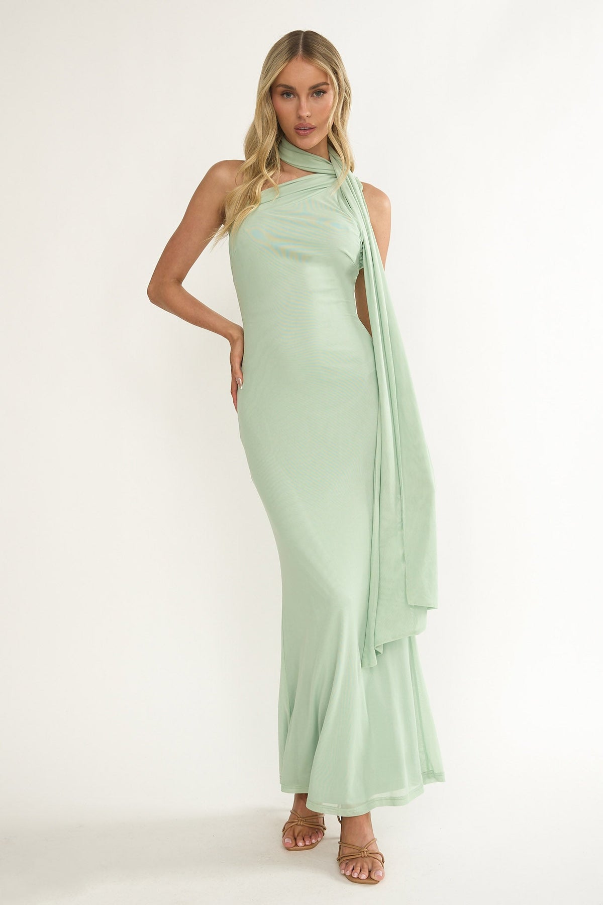 Ilyse Neck Scarf One-Shoulder Maxi Dress Mint