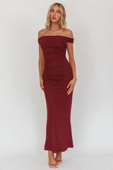 In Blooms Off Shoulder Mesh Midi Dress Wine