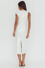 Country Club Asymmetric Neckline Midi Dress Sequin White