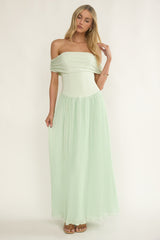 Flutters Off-Shoulder Accordion Pleat Dress Sage