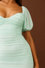 Take Heart Puff Sleeve Ruched Mesh Mini Dress Green