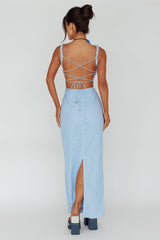Dream Crush Lace-Up Back Mesh Overlay Midi Dress Blue