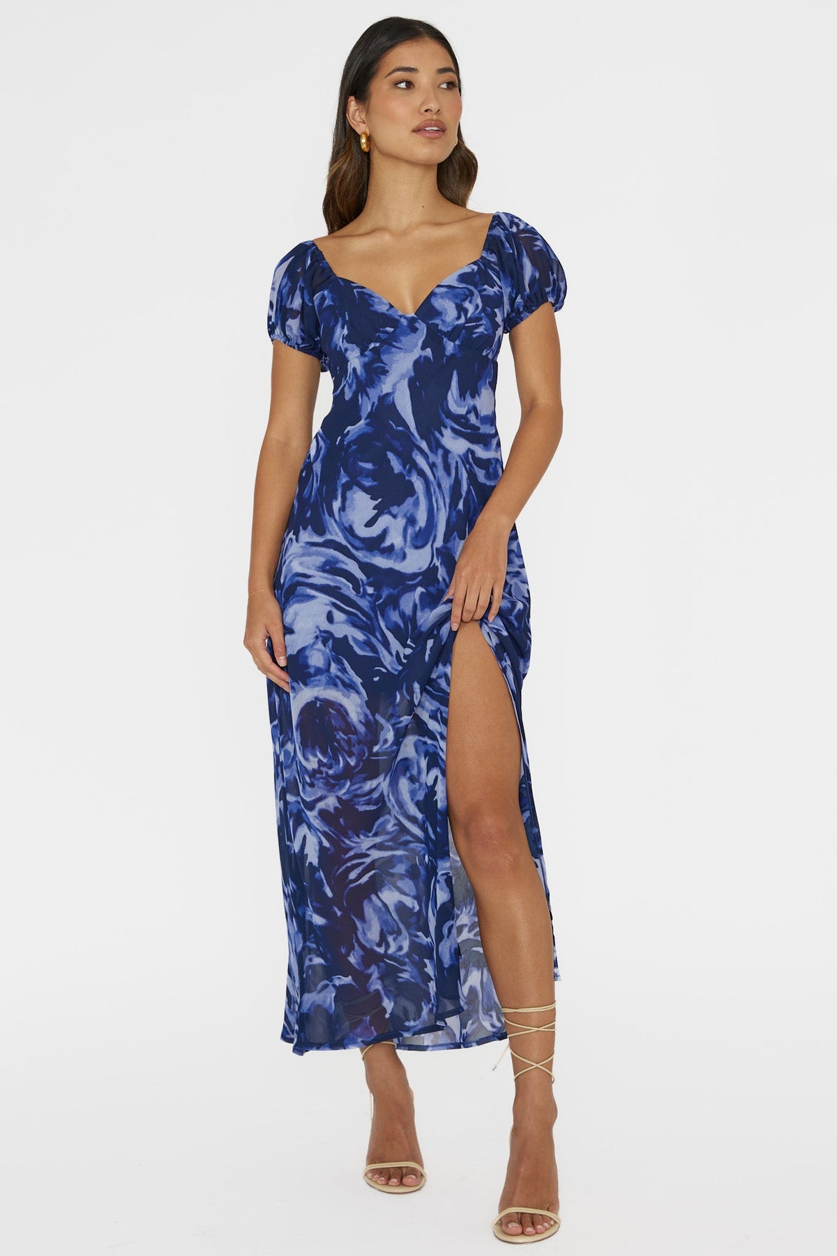 Park Avenue Puff Sleeve Midi Dress Print Blue