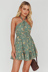 Chase Me Halterneck Mini Dress Floral Sage