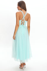 Surreal Lace-Up Back Tulle Midi Dress Mint