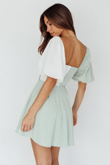 Melie Puff Sleeve Mini Dress Pistachio/White