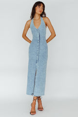 Renita Halterneck Button Maxi Dress Denim Blue
