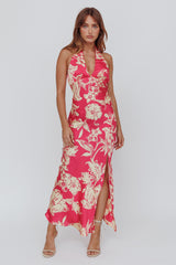 Brighter Days Halterneck Split Midi Dress Fuchsia