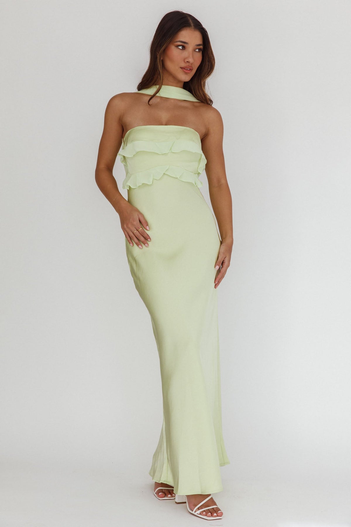 Damsel Reverse Halter Frill Trim Maxi Dress Sage