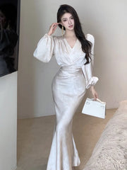 Elegant Bodycon Printed Midi Dresses for Women V-neck Lantern Sleeve Slim Waist Mermaid Evening Party Dress Autumn New Vestidos