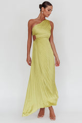 Amelie One-Shoulder Accordion Pleat Maxi Dress Lime