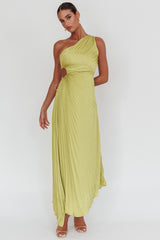 Amelie One-Shoulder Accordion Pleat Maxi Dress Lime