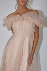 May Rose Off-Shoulder Tulle Midi Dress Taupe