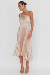 Calissa One Shoulder Pleated Midi Dress Champagne