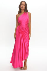 Brooklynn One-Shoulder Accordion Pleat Satin Midi Dress Fuchsia