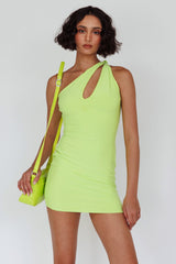 Malaga One-Shoulder Keyhole Mini Dress Lime